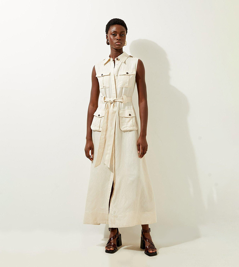 Viscose Linen Woven Sleeveless Shirt Midi Dress