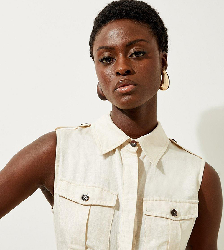 Viscose Linen Woven Sleeveless Shirt Midi Dress