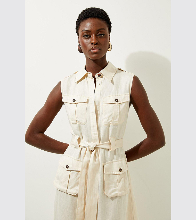 Viscose Linen Woven Sleeveless Shirt Midi Dress