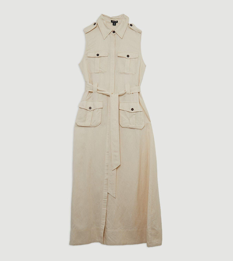 Viscose Linen Woven Sleeveless Shirt Midi Dress