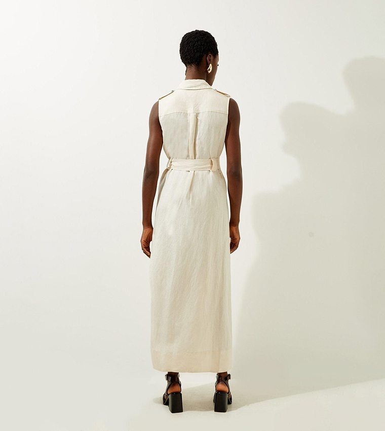 Viscose Linen Woven Sleeveless Shirt Midi Dress