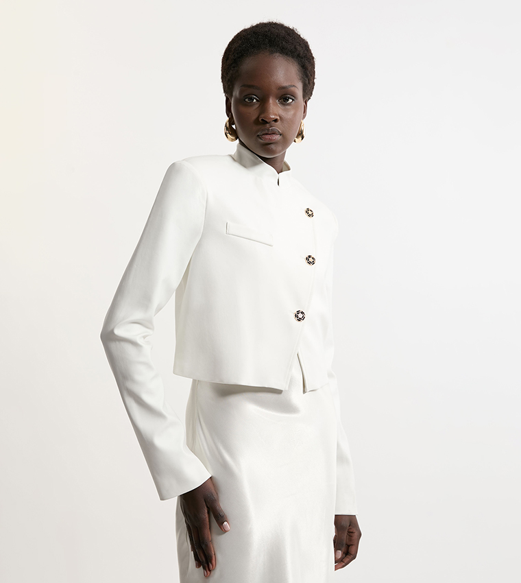 Button Detail Luxe Ponte Jersey Cropped Jacket