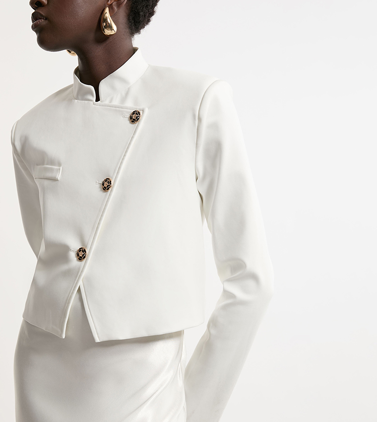 Button Detail Luxe Ponte Jersey Cropped Jacket