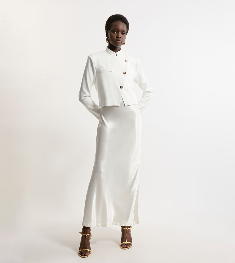 Button Detail Luxe Ponte Jersey Cropped Jacket