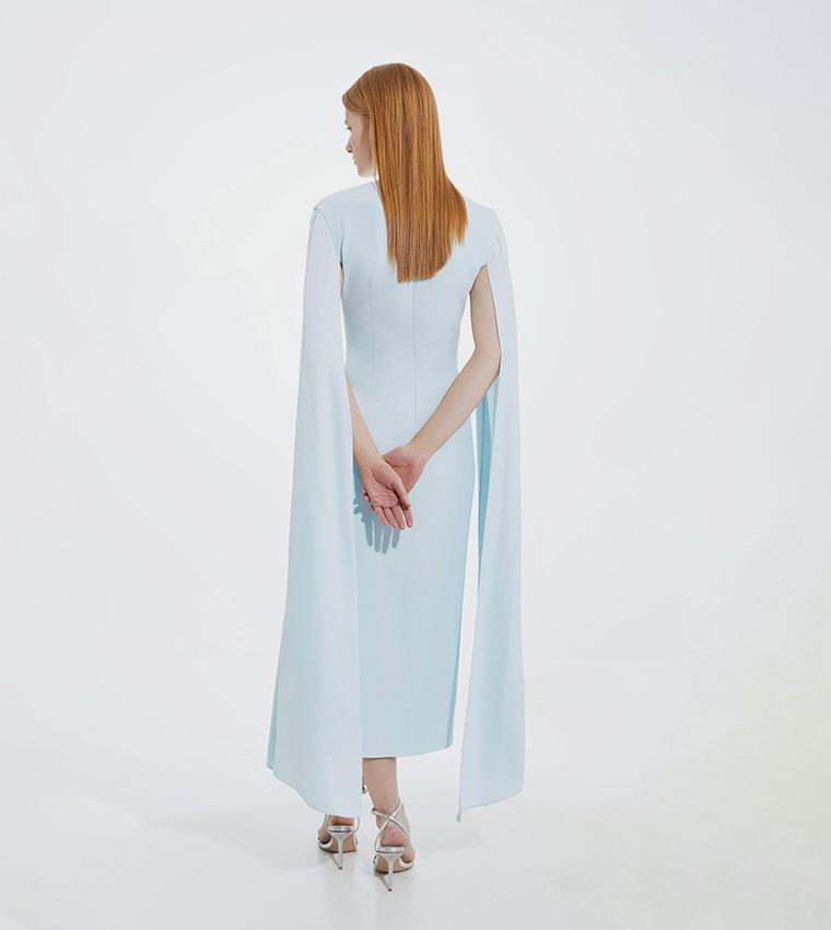 Buy Karen Millen Viscose Satin Back Crepe Tailored V Neck Maxi Cape Dress  In Blue | 6thStreet Bahrain
