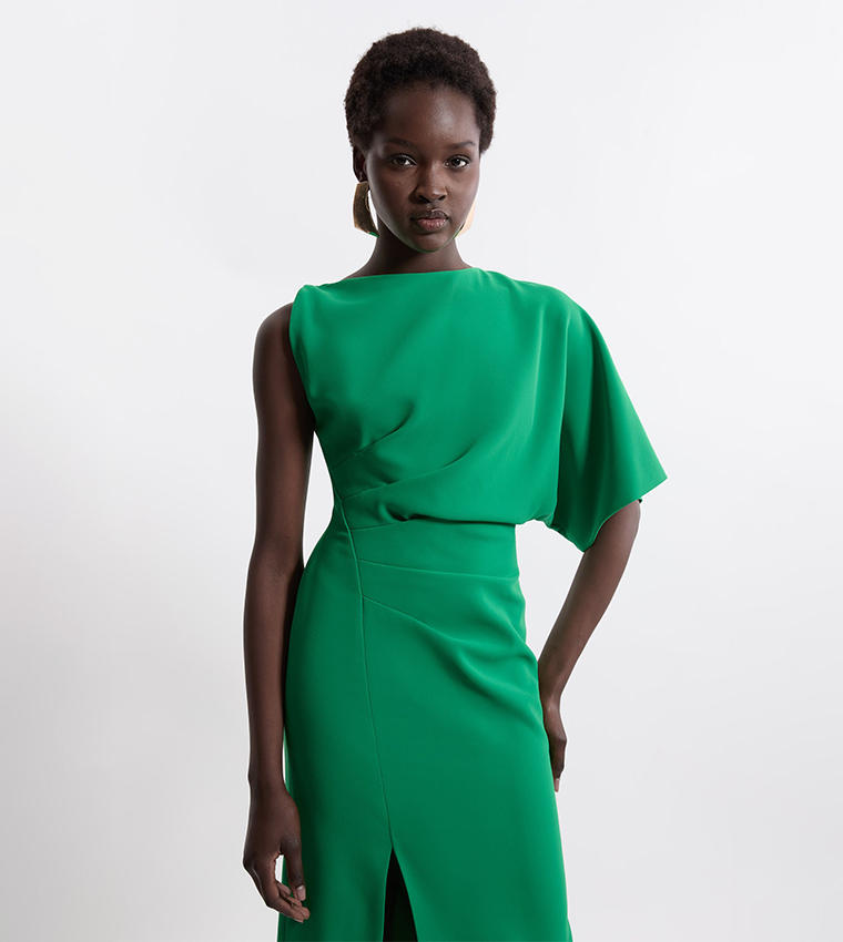 Petite Fluid Tailored Asymmetric Sleeves Maxi Dress