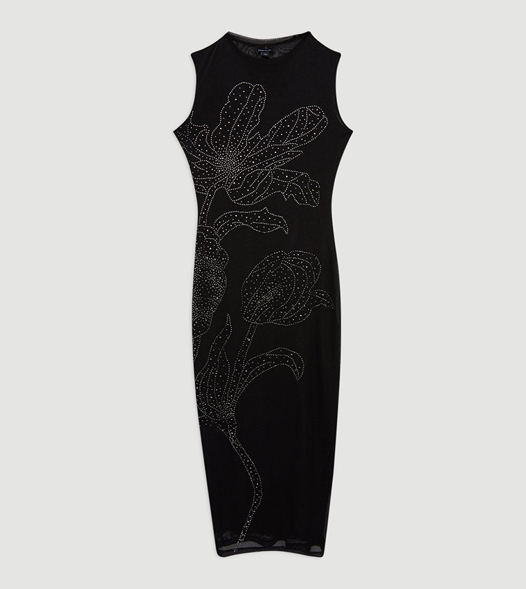 Petite Placed Embellished Floral Mesh Jersey Midi Dress