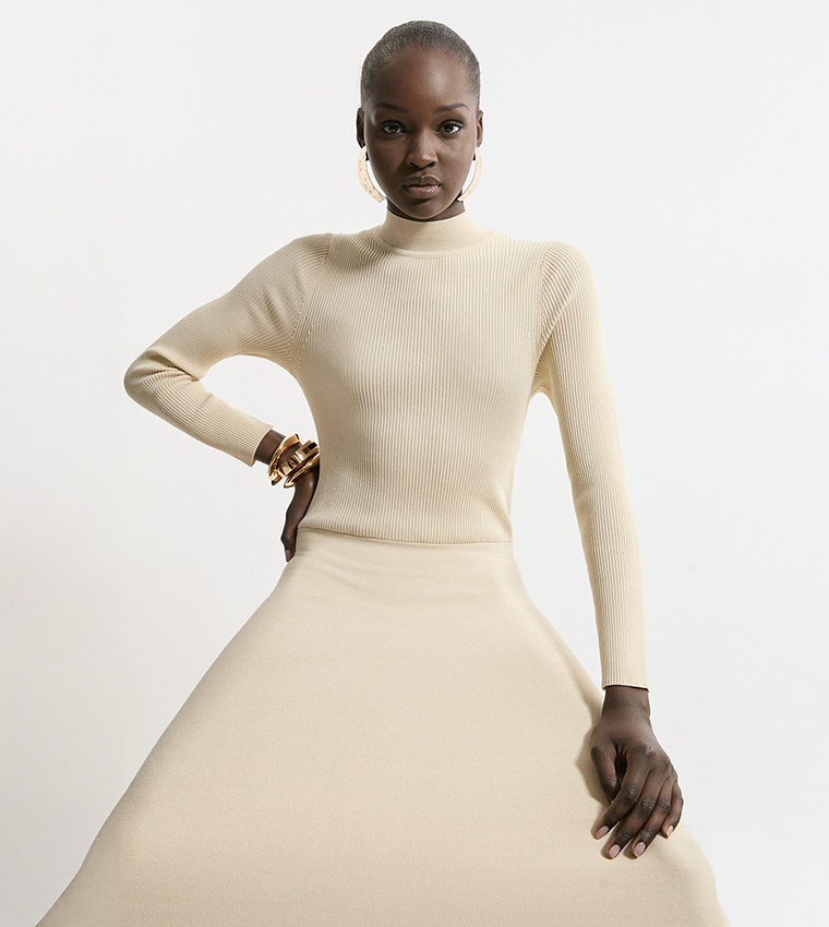 Petite Viscose Blend Ribbed Belted Midi Dress