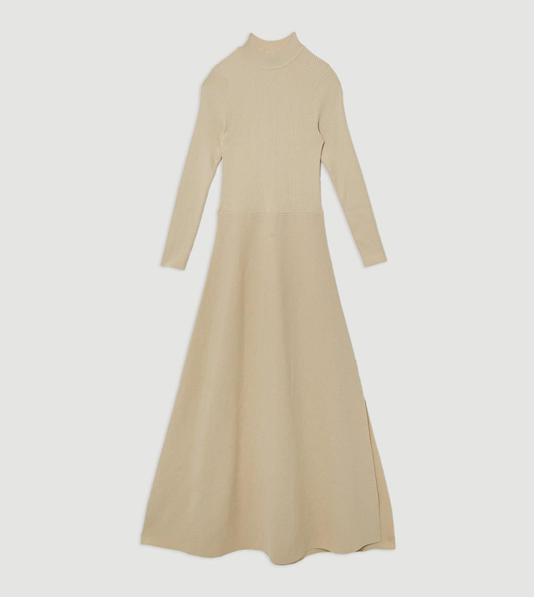 Petite Viscose Blend Ribbed Belted Midi Dress