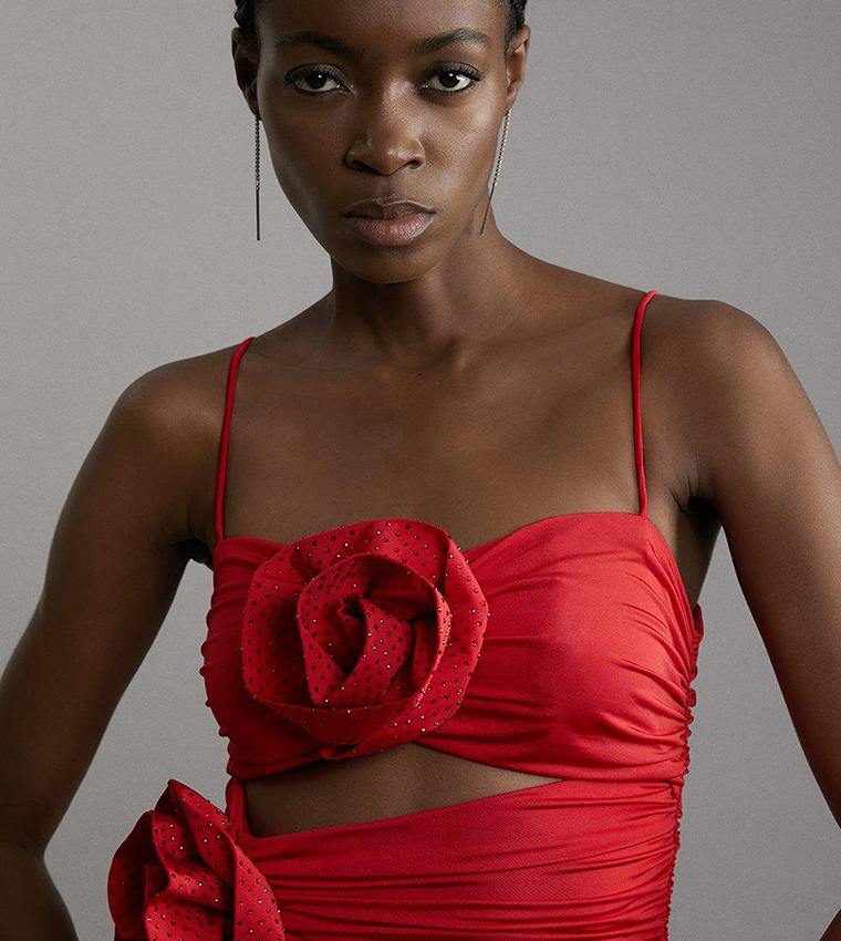 rosemary crepe ruched bodycon dress in red coral Ruched Bodycon Dress