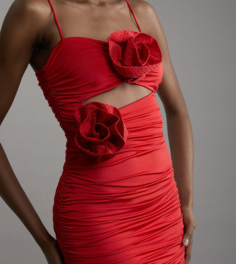 rosemary crepe ruched bodycon dress in red coral Buy Karen Millen Rosette Applique Ruched Bodycon Dress In Red