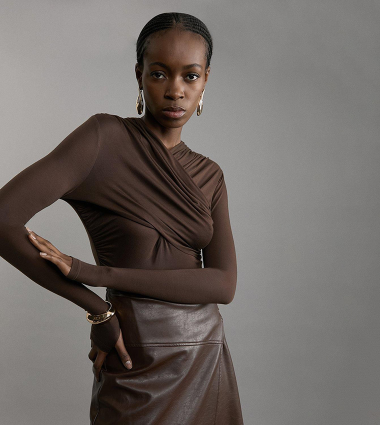 Premium Tencel Jersey Wrap Detail Long Sleeves Top