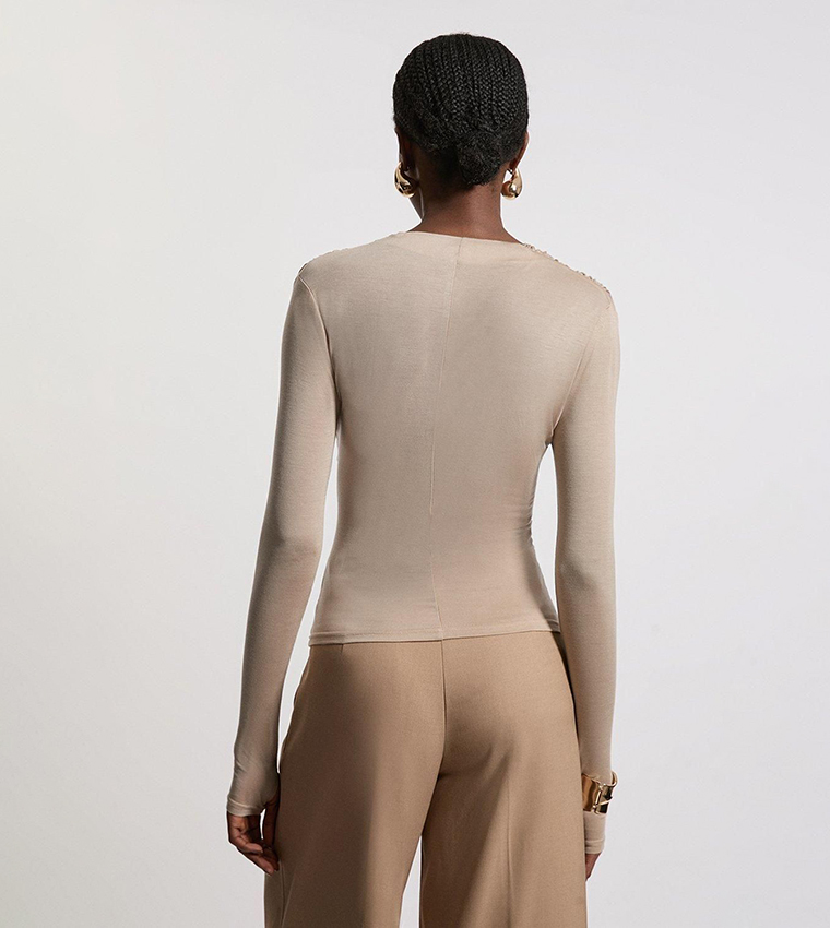 Premium Tencel Jersey Wrap Detail Long Sleeves Top