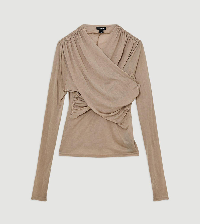 Premium Tencel Jersey Wrap Detail Long Sleeves Top