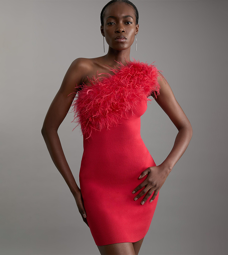 karen millen red dress one shoulder Karen Millen Petite Thigh high Split Embellished Woven Fringed Midi Dress in Red