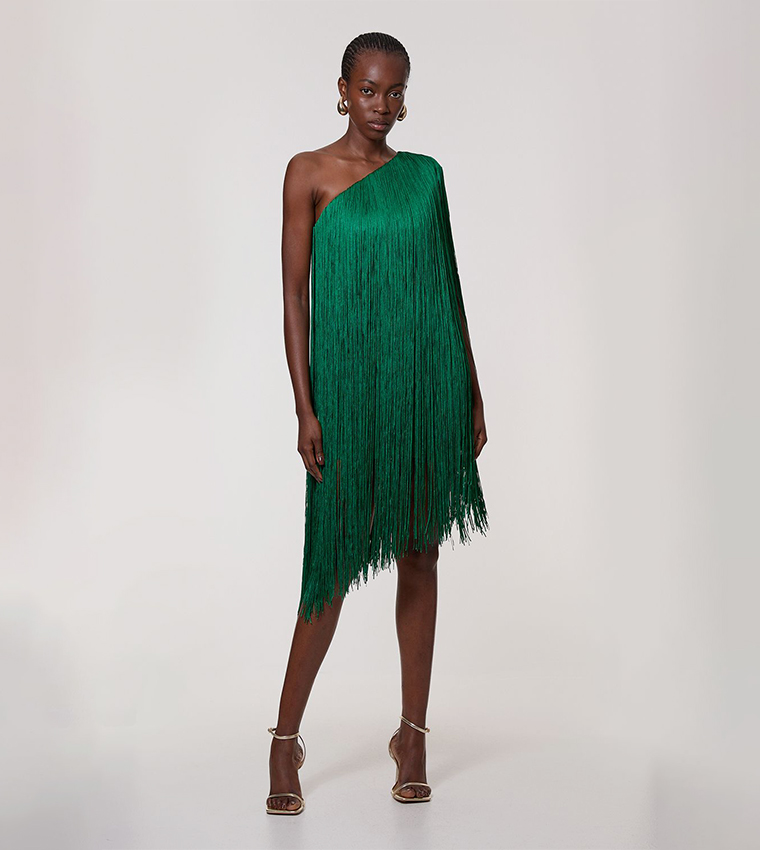 Buy Karen Millen Bandage One Shoulder Fringe Mini Knitted Dress In Green | 6thstreet Qatar Buy Karen Millen Bandage One Shoulder Fringe Mini Knitted Dress In Green | 6thstreet Qatar