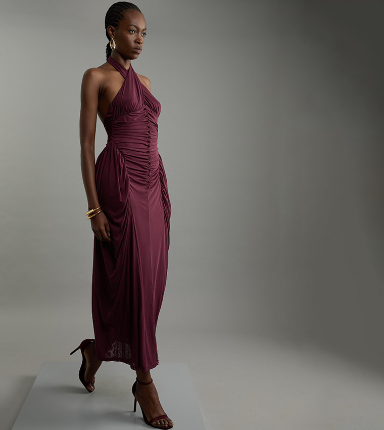 Petite Jersey Mesh Halterneck Midi Dress