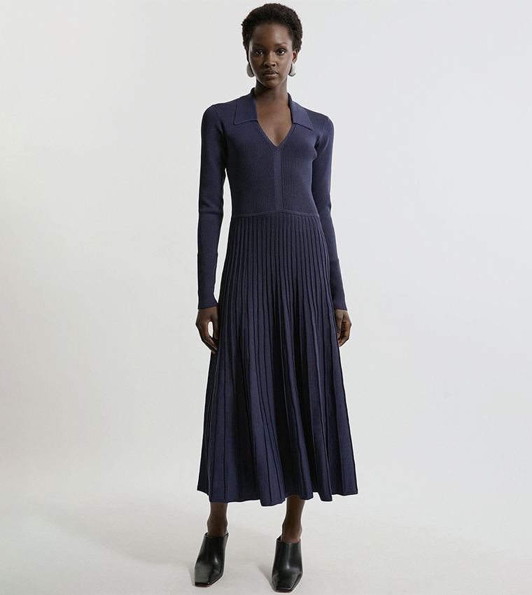 Buy Karen Millen Collared Contrast Color Block Flared Midi Knitted Dress In  Navy | 6thstreet Bahrain