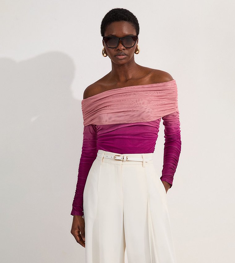 Ombre Jersey Mesh Bardot Bodysuit Top