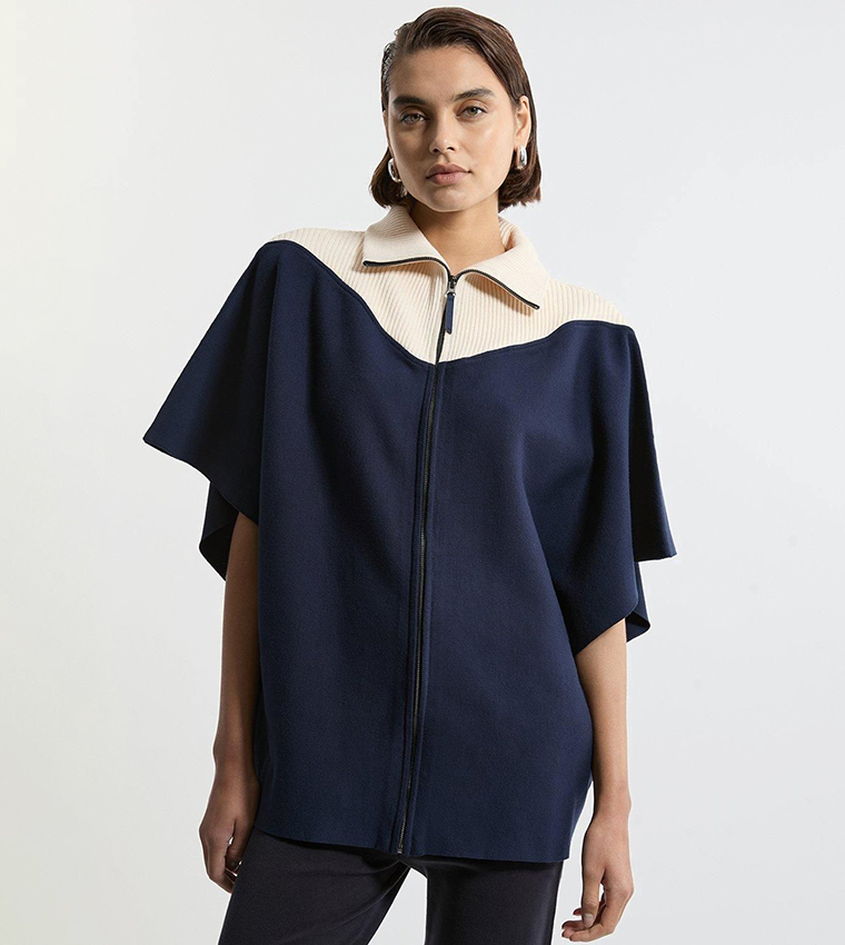 Zip Through Collared Knit Poncho