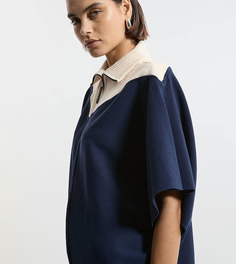 Zip Through Collared Knit Poncho
