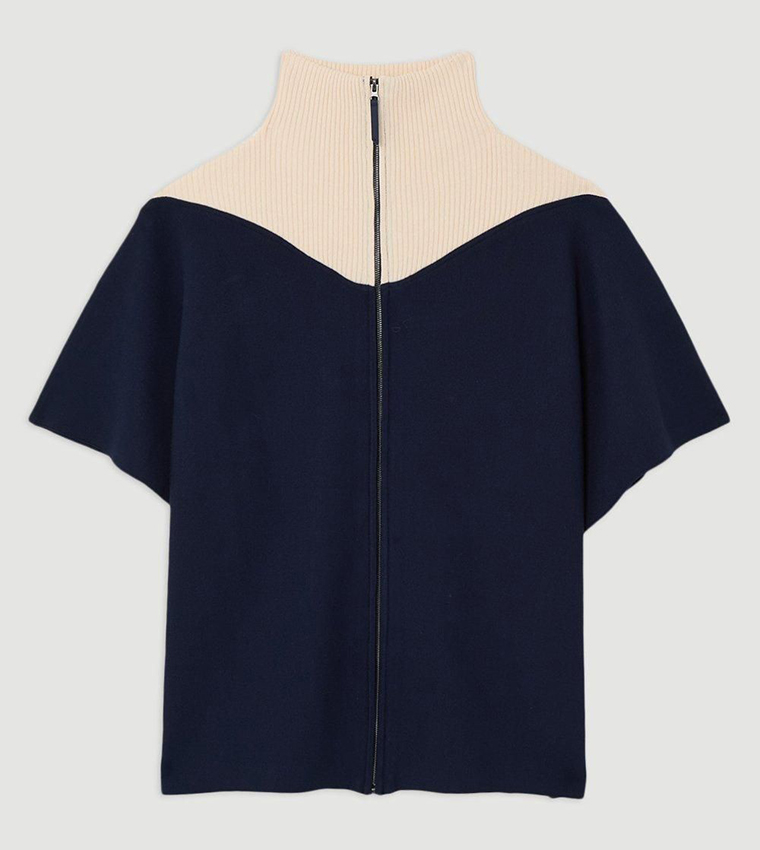 Zip Through Collared Knit Poncho
