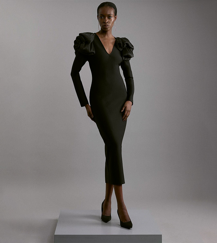 Figure Form Bandage Knit Silk Ruffle Shoulder Detail Midi Dress