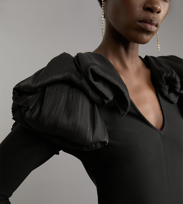 Figure Form Bandage Knit Silk Ruffle Shoulder Detail Midi Dress