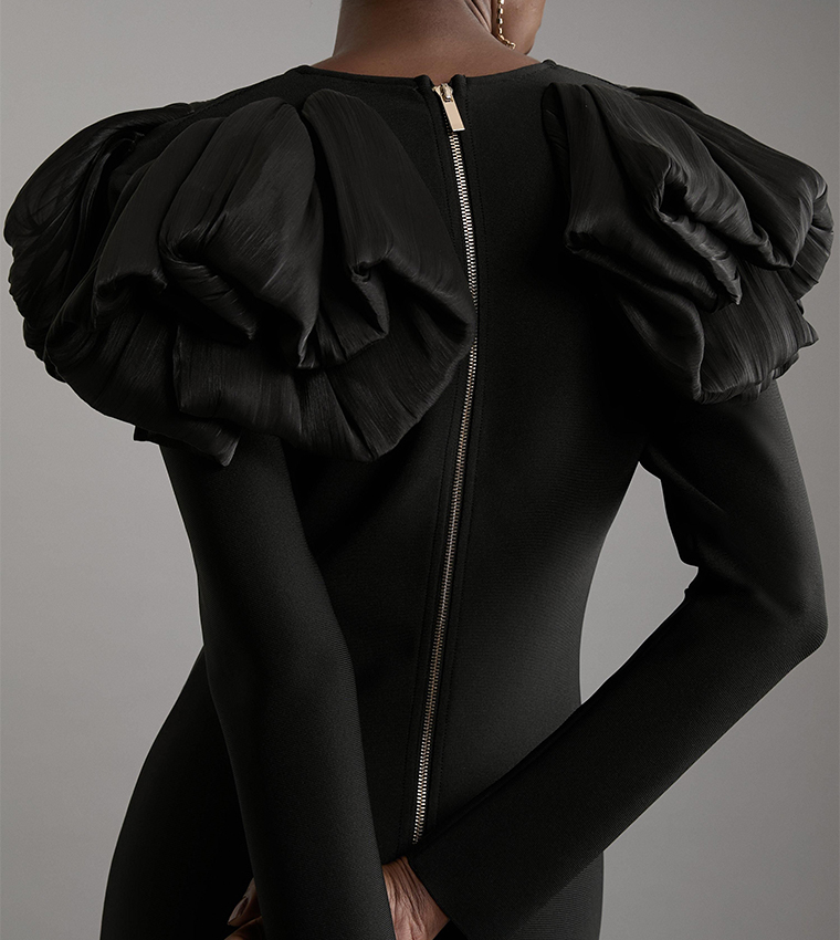 Figure Form Bandage Knit Silk Ruffle Shoulder Detail Midi Dress