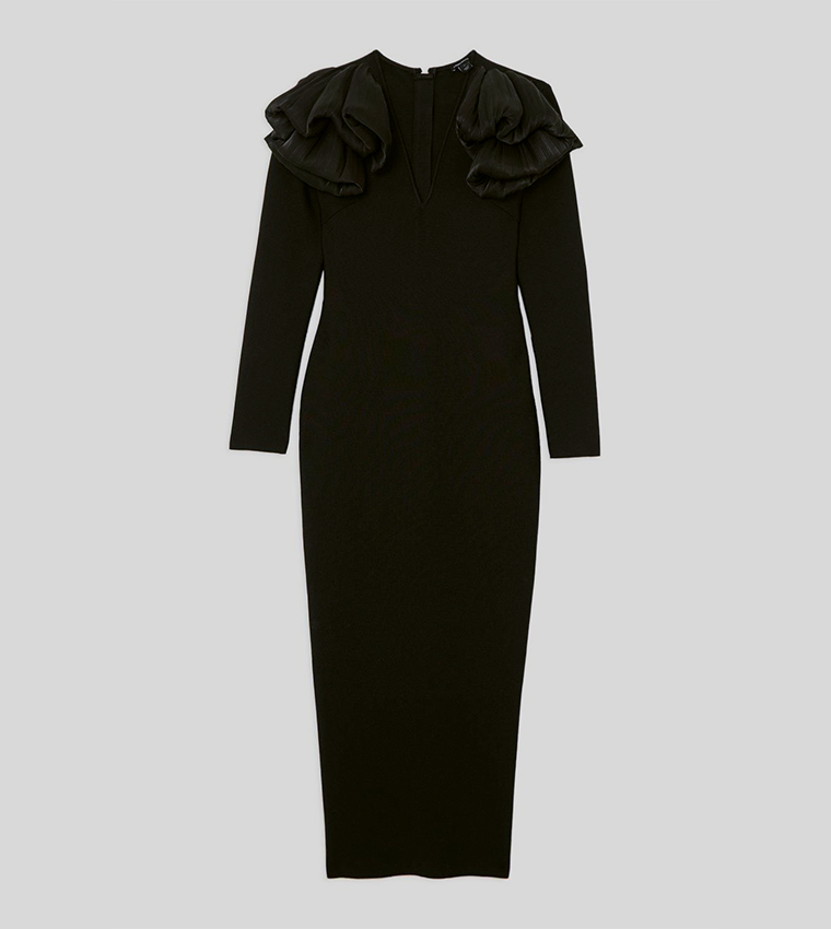 Figure Form Bandage Knit Silk Ruffle Shoulder Detail Midi Dress