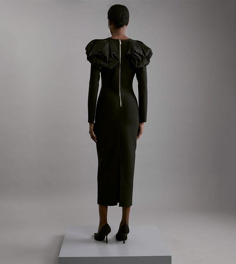 Figure Form Bandage Knit Silk Ruffle Shoulder Detail Midi Dress