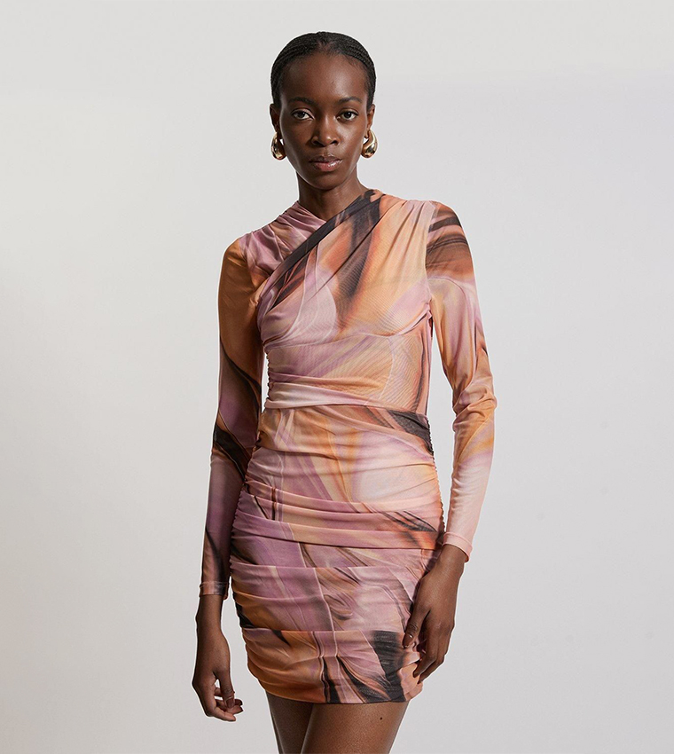 Buy Karen Millen Marble Printed Mesh Ruched Mini Dress In Beige | 6thstreet  UAE