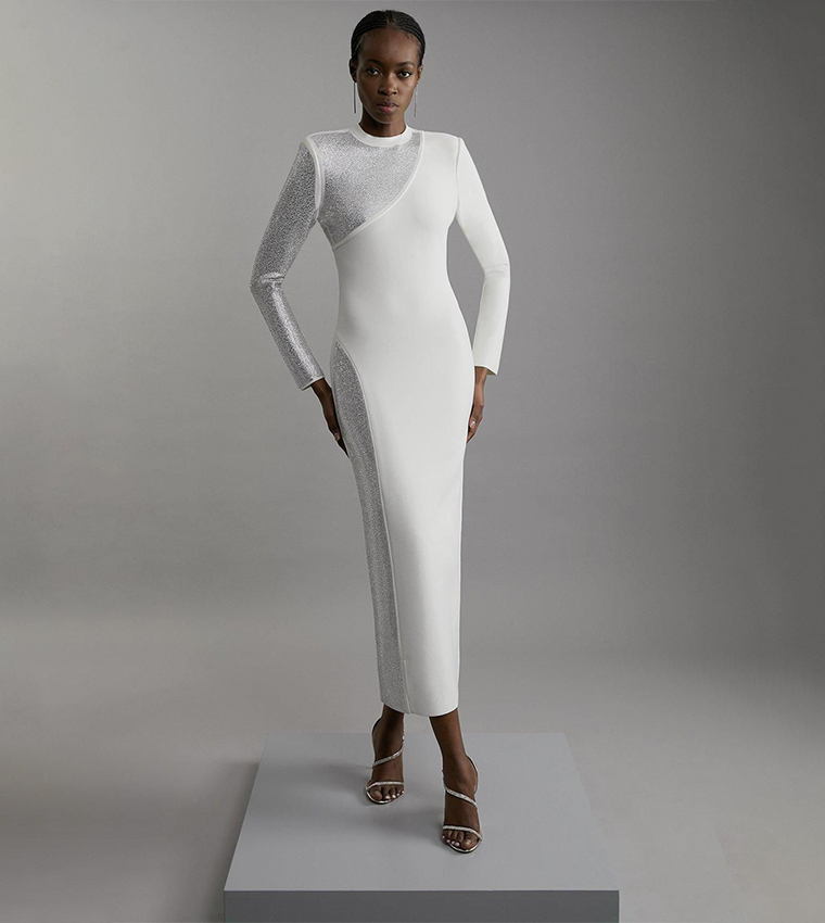 embellished asymmetric maxi dress in white Embellished Handkerchief Hem Maxi Dress in White main image 1