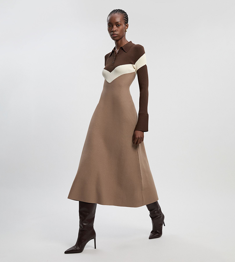 Viscose Blend Ribbed Knit Polo Neck Maxi Dress