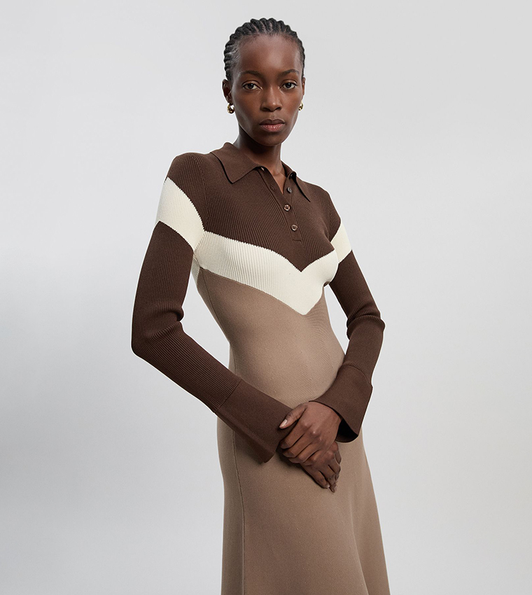 Viscose Blend Ribbed Knit Polo Neck Maxi Dress