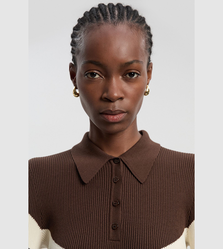 Viscose Blend Ribbed Knit Polo Neck Maxi Dress