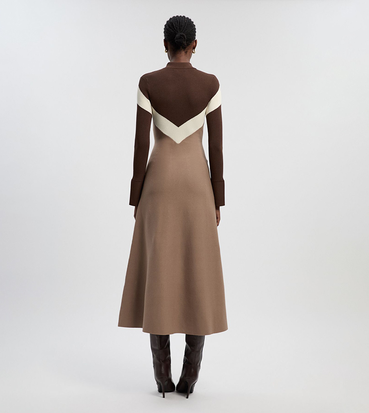 Viscose Blend Ribbed Knit Polo Neck Maxi Dress