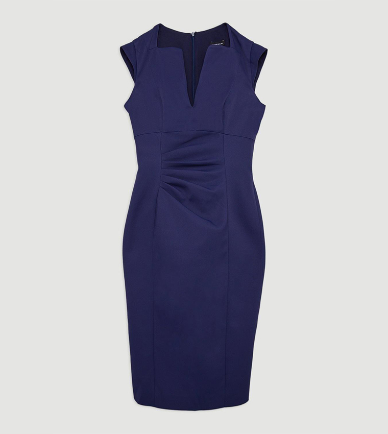 Italian Structured Rib Envelope Neck Pencil Midi Dress