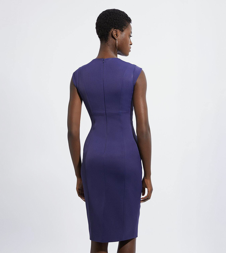 Italian Structured Rib Envelope Neck Pencil Midi Dress