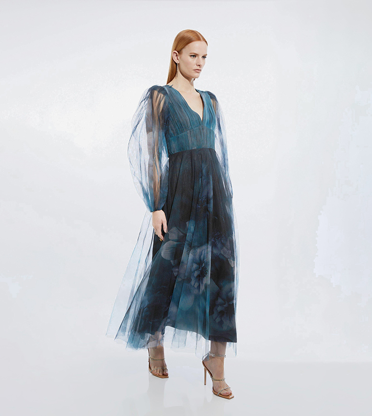 Buy Karen Millen Blurred Floral Print Tulle Plunge Maxi