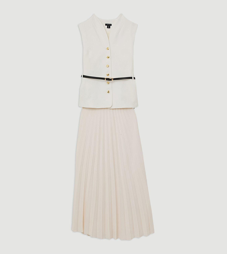 Stretch Fluid Belted Pleated Flared Maxi Dress