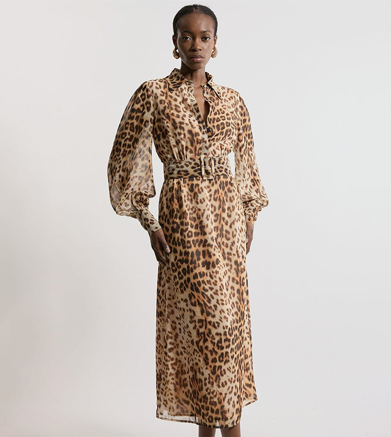 karen millen leopard print shirt dress Animal Petite Leopard Batik Printed Morocain Woven Midi Shirt Dress