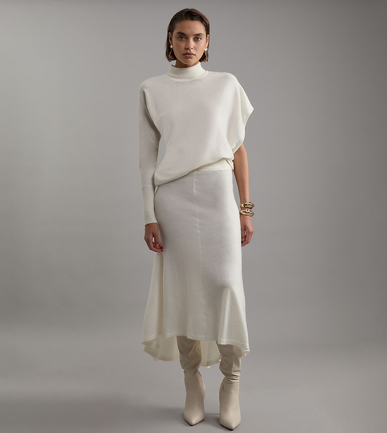 Wool Blend Knit High Low Midi Skirt