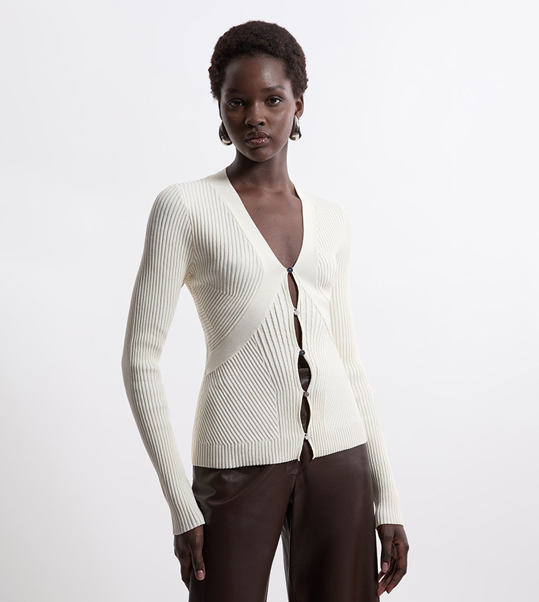 Zip Cardigan Grey Rib Knit Cardigan ANGULAR RIBBED-KNIT CARDIGAN