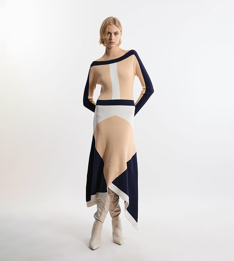 Viscose Blend Knit Asymmetric Color Block Dress