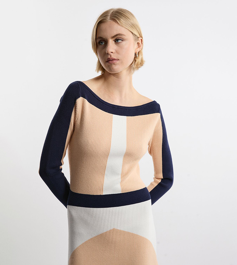 Viscose Blend Knit Asymmetric Color Block Dress