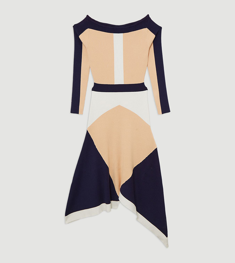 Viscose Blend Knit Asymmetric Color Block Dress