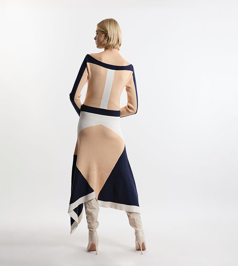Viscose Blend Knit Asymmetric Color Block Dress
