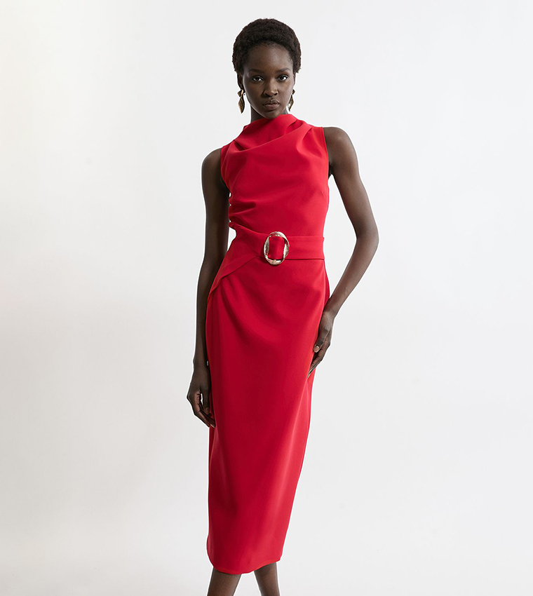 Soft Tailored Drape Detail Sleeveless Tailored Midi Dress