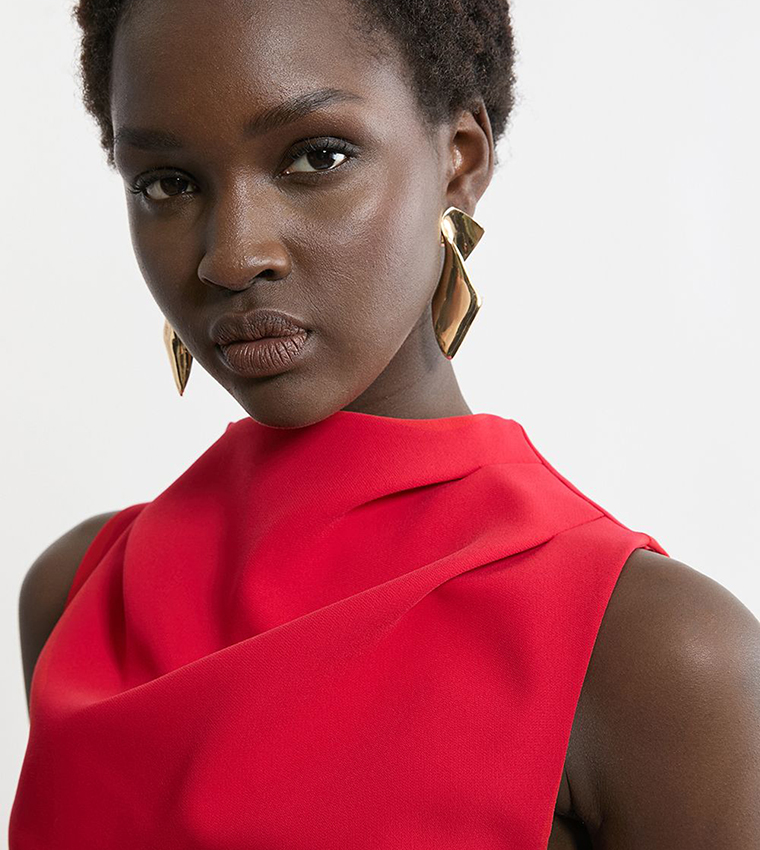 Soft Tailored Drape Detail Sleeveless Tailored Midi Dress
